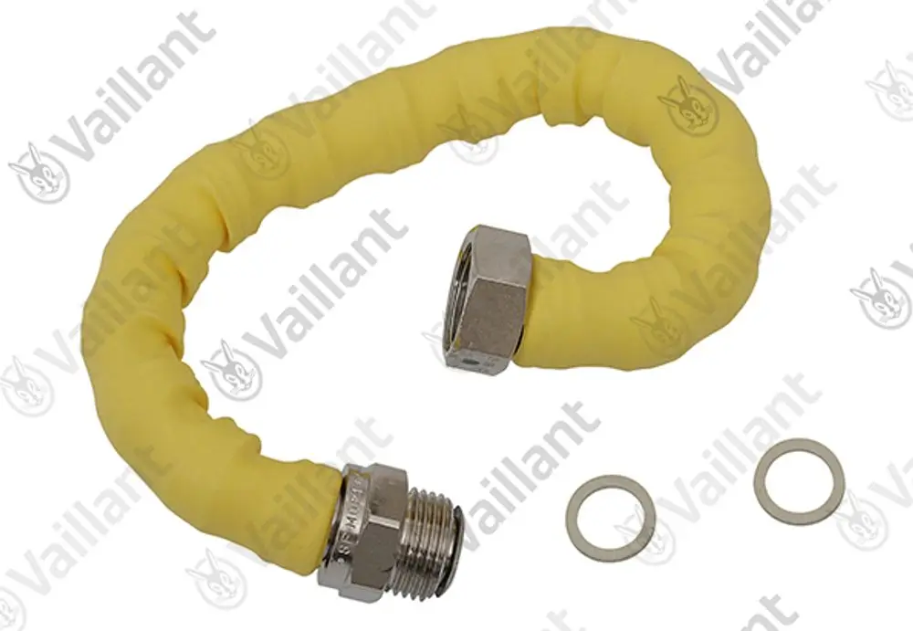 Gasanschlussrohr von Vaillant mit einem gelben, geschlängelten Isoliermittel und zwei Unterlegscheiben. Verbindet Gasleitungen mit einer Metallverbindung.
